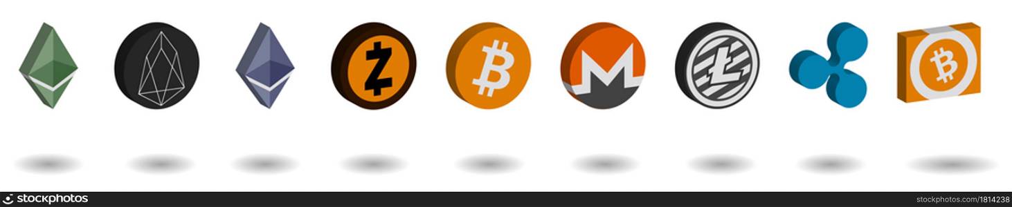 top 9 main cryptocurrency logos in 3D colors