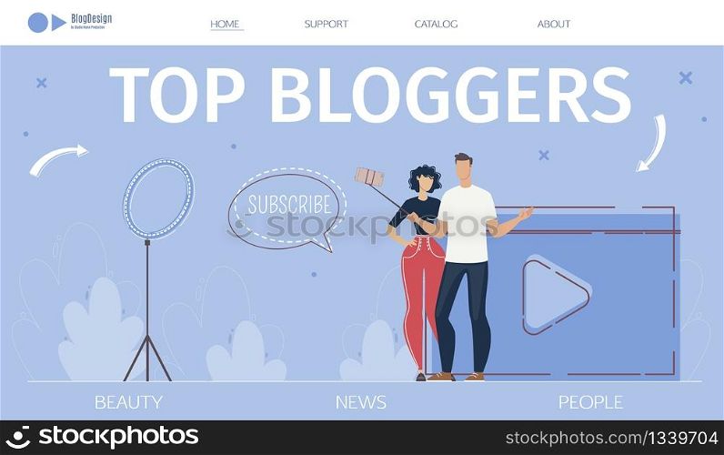 Top Bloggers Rating, online Course, Seminar for Beginner Vlogger, internet Marketing Analyzing Service Web Banner, Landing Page. Bloggers Recording Video with Cellphone Trendy Flat Vector Illustration