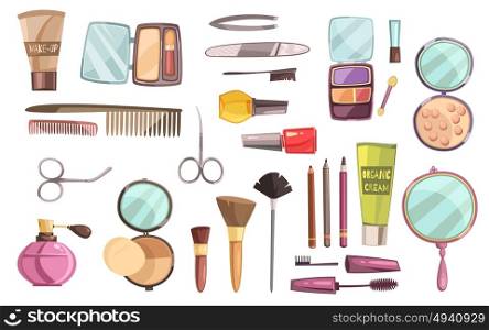 Top Cosmetics Set . Flat set of decorative cosmetics for makeup tools for manicure perfume and brushes isolated vector illustration