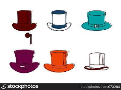 Top hat icon set. Color outline set of top hat vector icons for web design isolated on white background. Top hat icon set, color outline style