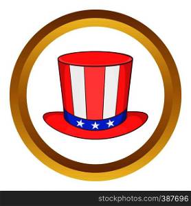 Top hat in the USA flag colors vector icon in golden circle, cartoon style isolated on white background. Top hat in the USA flag colors vector icon