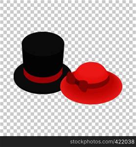 Top hat with red ribbon and red female hat isometric icon 3d on a transparent background vector illustration. Top hat with red ribbon and red female hat icon