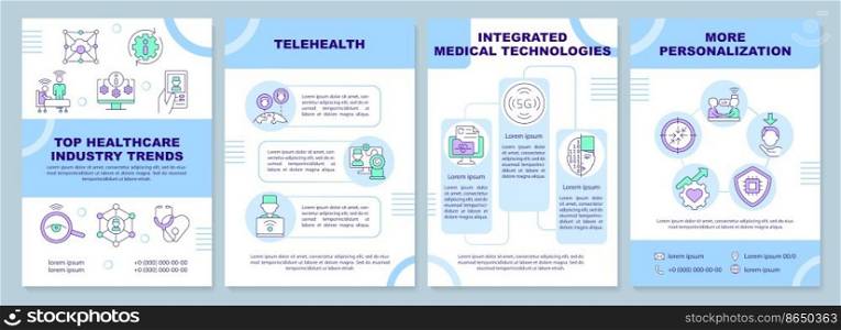 Top healthcare industry trends blue brochure template. Leaflet design with linear icons. Editable 4 vector layouts for presentation, annual reports. Arial-Black, Myriad Pro-Regular fonts used. Top healthcare industry trends blue brochure template