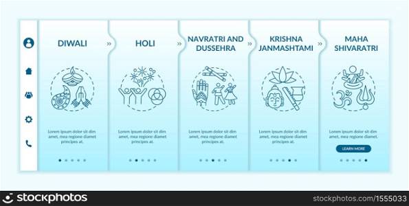 Top Hindu festivals onboarding vector template. Krishna Janmashtami. Navratri, and Dussehra. Responsive mobile website with icons. Webpage walkthrough step screens. RGB color concept . Top Hindu festivals onboarding vector template