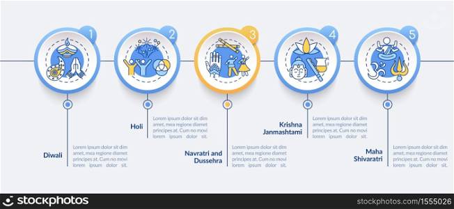 Top Hindu festivals vector infographic template. Public holidays in India. Presentation design elements. Data visualization with 5 steps. Process timeline chart. Workflow layout with linear icons. Top Hindu festivals vector infographic template