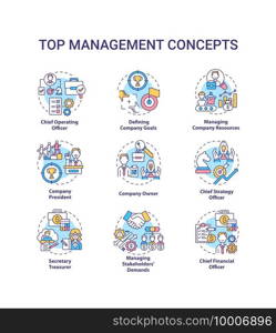 Top management concept icons set. Managing stakeholders demands. Chief executive manager. Organization idea thin line RGB color illustrations. Vector isolated outline drawings. Editable stroke. Top management concept icons set
