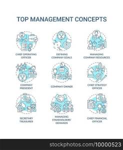 Top management concept icons set. Managing stakeholders demands. Chief executive manager position. Company idea thin line RGB color illustrations. Vector isolated outline drawings. Editable stroke. Top management concept icons set