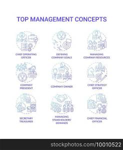 Top management concept icons set. Managing stakeholders demands. Chief executive managers preparation. Organization idea thin line RGB color illustrations. Vector isolated outline drawings. Top management concept icons set