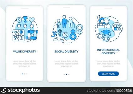 Top management diversity types onboarding mobile app page screen with concepts. Social diversity walkthrough 3 steps graphic instructions. UI vector template with RGB color illustrations. Top management diversity types onboarding mobile app page screen with concepts
