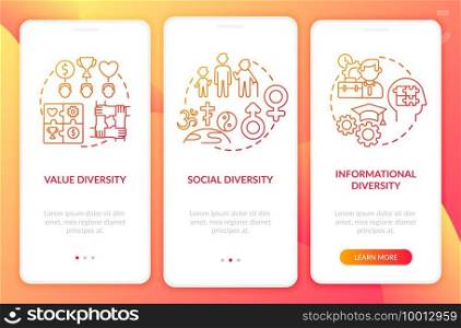 Top management diversity types onboarding mobile app page screen with concepts. Informational diversity walkthrough 3 steps graphic instructions. UI vector template with RGB color illustrations. Top management diversity types onboarding mobile app page screen with concepts
