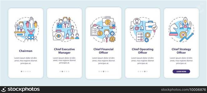 Top management positions onboarding mobile app page screen with concepts. Chief executive manager walkthrough 5 steps graphic instructions. UI vector template with RGB color illustrations. Top management positions onboarding mobile app page screen with concepts