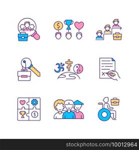 Top management RGB color icons set. Top management team analysis criteria. Company top management jobs. Giving people opportunity to work. Different culture on workplace. Isolated vector illustrations. Top management RGB color icons set