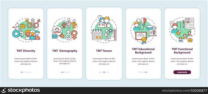 Top management team analysis criteria onboarding mobile app page screen with concepts. TMT diversity walkthrough 5 steps graphic instructions. UI vector template with RGB color illustrations. Top management team analysis criteria onboarding mobile app page screen with concepts