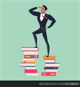 Top of Knowledge Concept Vector in Flat Design.. Getting on top of knowledge vector concept. Flat design. Man character in business suit standing on pile of books. Self-education and literature reading concept. On green background.