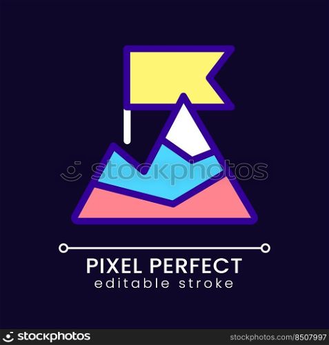 Top of mountain pixel perfect RGB color icon for dark theme. Goal achievement. Adventure and hiking. Simple filled line drawing on night mode background. Editable stroke. Poppins font used. Top of mountain pixel perfect RGB color icon for dark theme