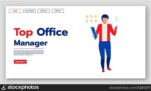 Top office manager landing page vector template. Management classes website interface idea with flat illustrations. Educational courses homepage layout. Business training web banner cartoon concept