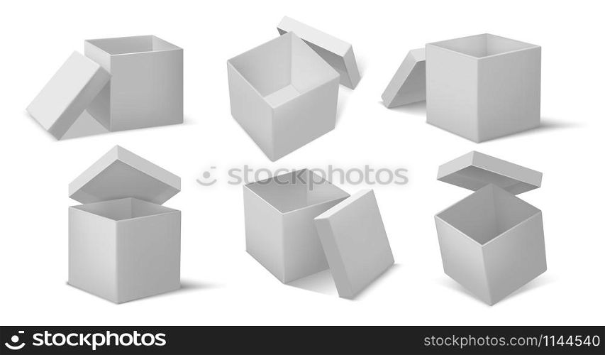 Top open box. Realistic open and closed cardboard cube boxes mockup, package delivery and cargo transportation. Vector white boxes with opened cap set for present packaging. Top open box. Realistic open and closed cardboard cube boxes mockup, package delivery and cargo transportation. Vector white boxes set