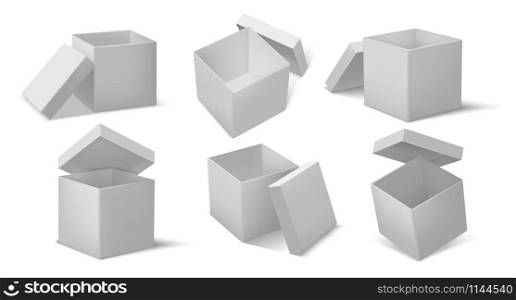 Top open box. Realistic open and closed cardboard cube boxes mockup, package delivery and cargo transportation. Vector white boxes with opened cap set for present packaging. Top open box. Realistic open and closed cardboard cube boxes mockup, package delivery and cargo transportation. Vector white boxes set