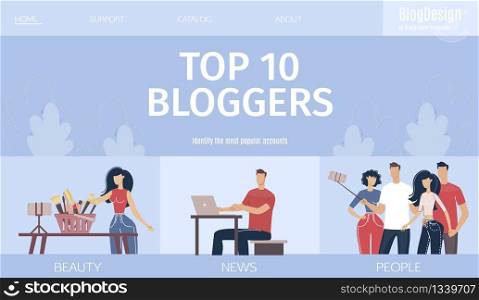 Top Popular Bloggers Accounts Identity online Service, Digital Marketing Business Analytics Company Web Banner, Landing Page Template. Beauty and News Blogger, Vloggers Trendy Flat Vector Illustration