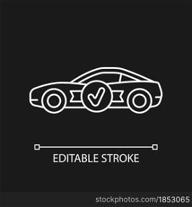 Top quality car white linear icon for dark theme. Well-engineered sports auto model. Thin line customizable illustration. Isolated vector contour symbol for night mode. Editable stroke. Top quality car white linear icon for dark theme