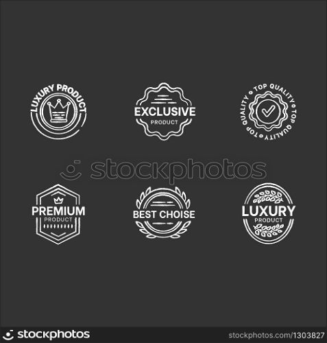 Top quality chalk white icons set on black background. Premium products. Brand advertising, exclusiveness assurance. Best choice elegant badges isolated vector chalkboard illustrations
