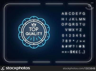 Top quality neon light icon. Outer glowing effect. Premium, luxurious products emblem. Sign with alphabet, numbers and symbols. Prestigious badge with crown vector isolated RGB color illustration