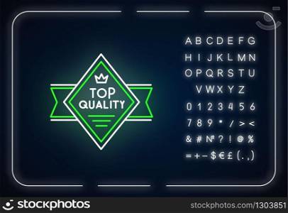 Top quality neon light icon. Outer glowing effect. Sign with alphabet, numbers and symbols. Brand equity, VIP status. Diamond shaped superior goods badge vector isolated RGB color illustration