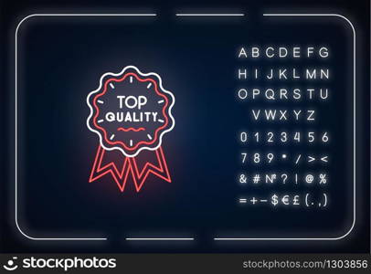 Top quality neon light icon. Outer glowing effect. Sign with alphabet, numbers and symbols. Premium goods warranty. Luxury mark, prestigious status badge vector isolated RGB color illustration