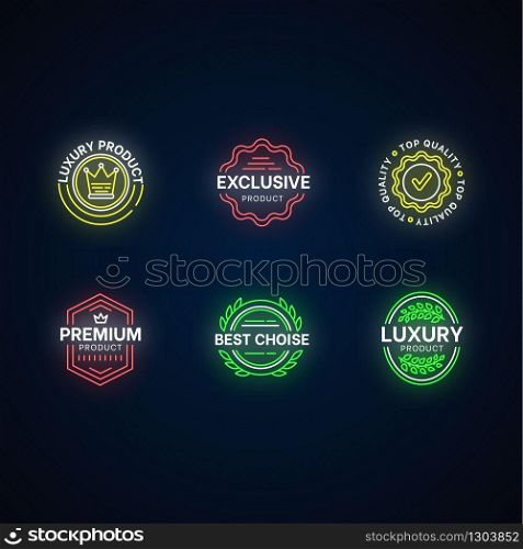 Top quality neon light icons set. Premium products signs with outer glowing effect. Brand advertising, exclusiveness assurance. Best choice elegant badges vector isolated RGB color illustrations