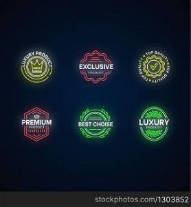 Top quality neon light icons set. Premium products signs with outer glowing effect. Brand advertising, exclusiveness assurance. Best choice elegant badges vector isolated RGB color illustrations