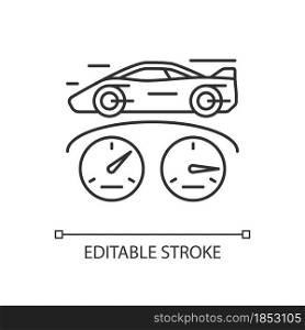 Top speed linear icon. Sports car racing. Detecting vehicle speed. Professional automobile sport. Thin line customizable illustration. Contour symbol. Vector isolated outline drawing. Editable stroke. Top speed linear icon