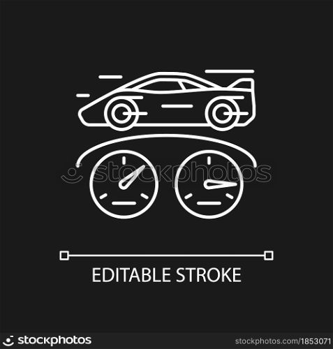 Top speed white linear icon for dark theme. Sports car racing. Detecting vehicle speed. Thin line customizable illustration. Isolated vector contour symbol for night mode. Editable stroke. Top speed white linear icon for dark theme