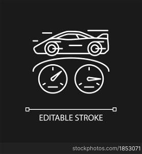 Top speed white linear icon for dark theme. Sports car racing. Detecting vehicle speed. Thin line customizable illustration. Isolated vector contour symbol for night mode. Editable stroke. Top speed white linear icon for dark theme