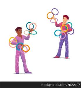 Top tent circus jugglers. Isolated cartoon vector artists characters in stage costumes throwing a rings. Men showing a tricks. Entertainment circus performance or amusement, skillful performers. Top tent circus juggler artists, vector