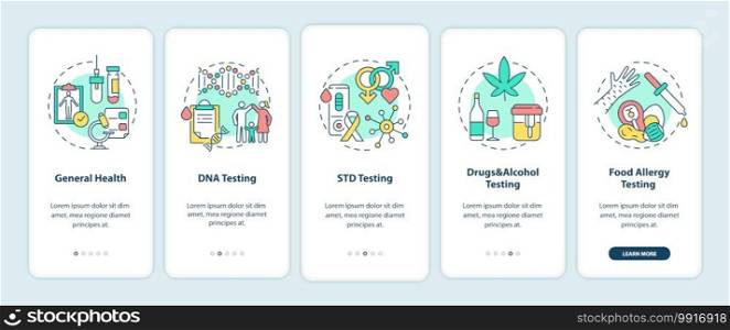 Top testing categories onboarding mobile app page screen with concepts. General health, STD testing walkthrough 5 steps graphic instructions. UI vector template with RGB color illustrations. Top testing categories onboarding mobile app page screen with concepts