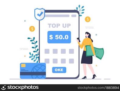Top Up Add Your Money Balance Vector Illustration on Mobile Phone Device For Financial Application, E-Wallet or Digital Currency Concept