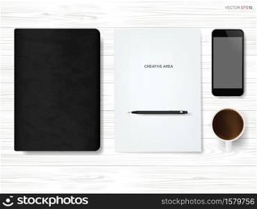 Top view business object background. Coffee cup, black notebook, white paper and metallic pencil on white wood. Vector illustration.