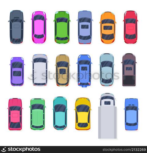 Top view cars. Flat creative car, isolated truck and autos. City transportation elements, lorry and vehicle. Diverse transport exact vector set. Illustration of auto vehicle, car and automobile. Top view cars. Flat creative car, isolated truck and autos. City transportation elements, lorry and vehicle. Diverse transport exact vector set