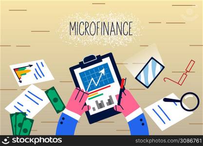 Top view close up of businessman sit at desk work with charts and diagrams for startup project. Male employee busy with financial paperwork or statistics. Microfinance concept. Vector illustration. . Businessman work with diagrams for project