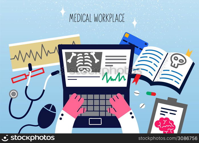 Top view closeup of doctor work online on computer in hospital or clinic. Therapist or medical worker use laptop at workplace consult patient on internet. Remote appointment. Vector illustration. . Doctor work on computer at medical workplace