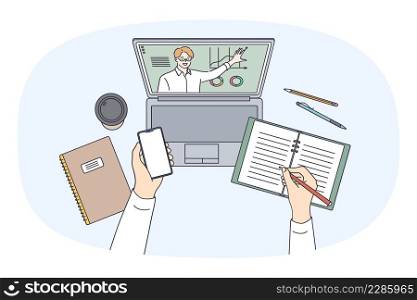 Top view closeup of student sit at desk have online lesson on computer make notes. Teenager use gadgets study on internet watch lecture or webinar on laptop. Remote education. Vector illustration. . Student use gadgets study online on computer