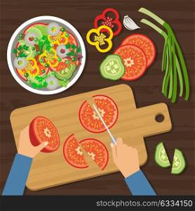 Top view cooking. Cutting of salad. Vector