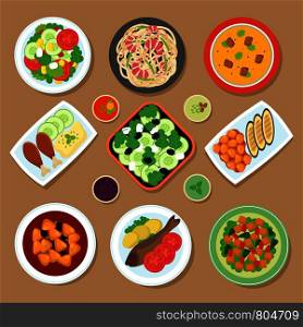Top view dinner table with european dishes and japanese cuisine meal. Cartoon food vector set isolated. Illustration of menu plate with meal, set of traditional cooking. Top view dinner table with european dishes and japanese cuisine meal. Cartoon food vector set isolated
