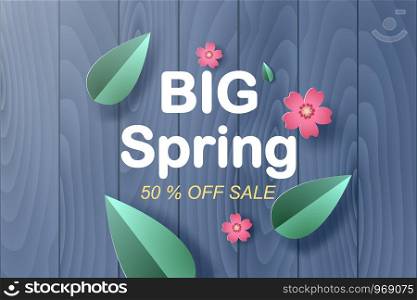 Top view frame with flowers and leaf on old wood for spring season sales banners.Creative paper cut and craft style place your text card.Minimal colorful special template concept.vector illustration.