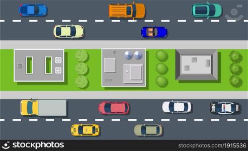 Top view from city street with asphalt and transport. Urban landscape of the big place. Vector illustration in flat style. Top view from city street