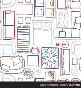 Top view furniture, lamps and plants for the home. Vector seamless pattern. Furniture, lamps and plants for the home.