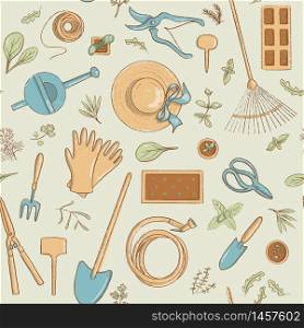 Top view gardening icon seamless pattern set. Collection of useful horticulture tools spade, hat etc. cartoon vintage style, vector illustration. For prints, food design, health style hobby menu, labels, tag. Top view gardening icon seamless pattern set. Collection of useful horticulture tools spade, hat etc.