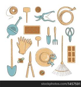 Top view gardening icon set. Collection of useful horticulture tools spade, hat etc. cartoon vintage style, vector illustration. For prints, food design, health style hobby menu, labels, tag. Top view gardening icon set. Collection of useful horticulture tools spade, hat etc. cartoon vintage style