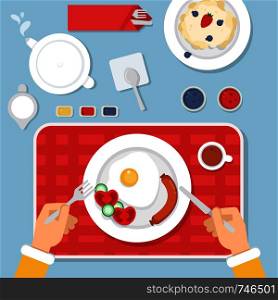 Top view illustration of healthy food for breakfast. Food lunch and tasty delicious breakfast on table vector. Top view illustration of healthy food for breakfast