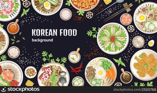 Top view korean meal. Barbecue tofu food, lunch table. Vegetarian meals and different meat buffet. Asia cuisine, traditional kitchen vector background. Asian cuisine banner for restaurant illustration. Top view korean meal. Barbecue tofu food, lunch table. Vegetarian meals and different meat buffet. Asia cuisine, traditional kitchen swanky vector background